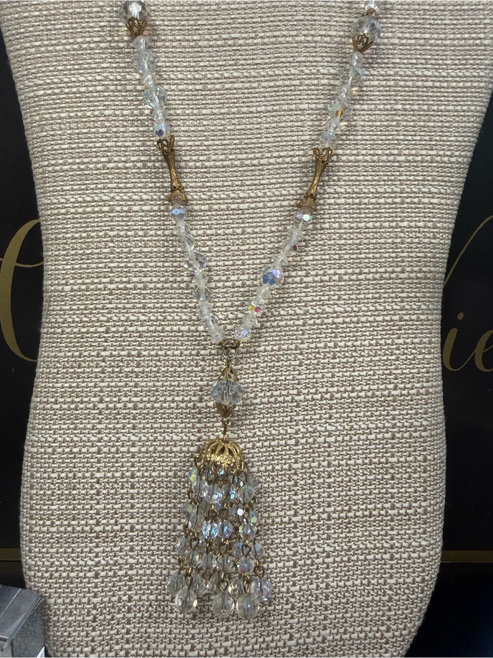 Vintage Crystal Bead Tassel Necklace - AB Crystals and Gold - Picture 4 of 10